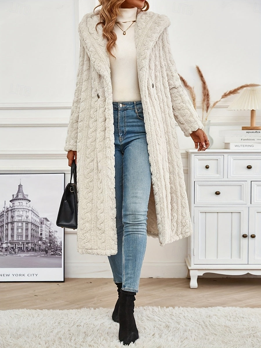 Women's coat with hood, open front and long sleeves