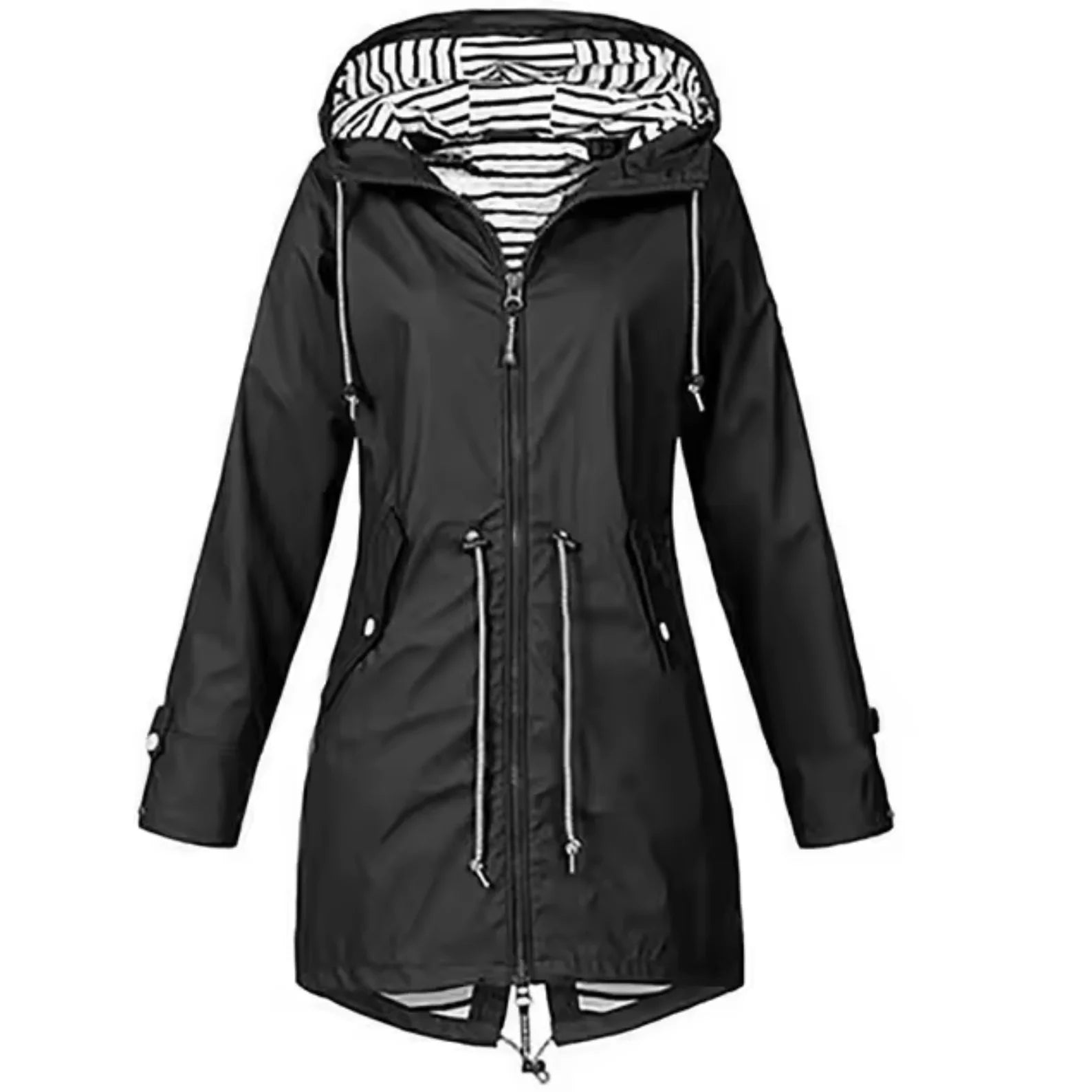 Damen wasserdichte Jacke mit Kapuze verstellbarem Kordelzug und Reißverschluss