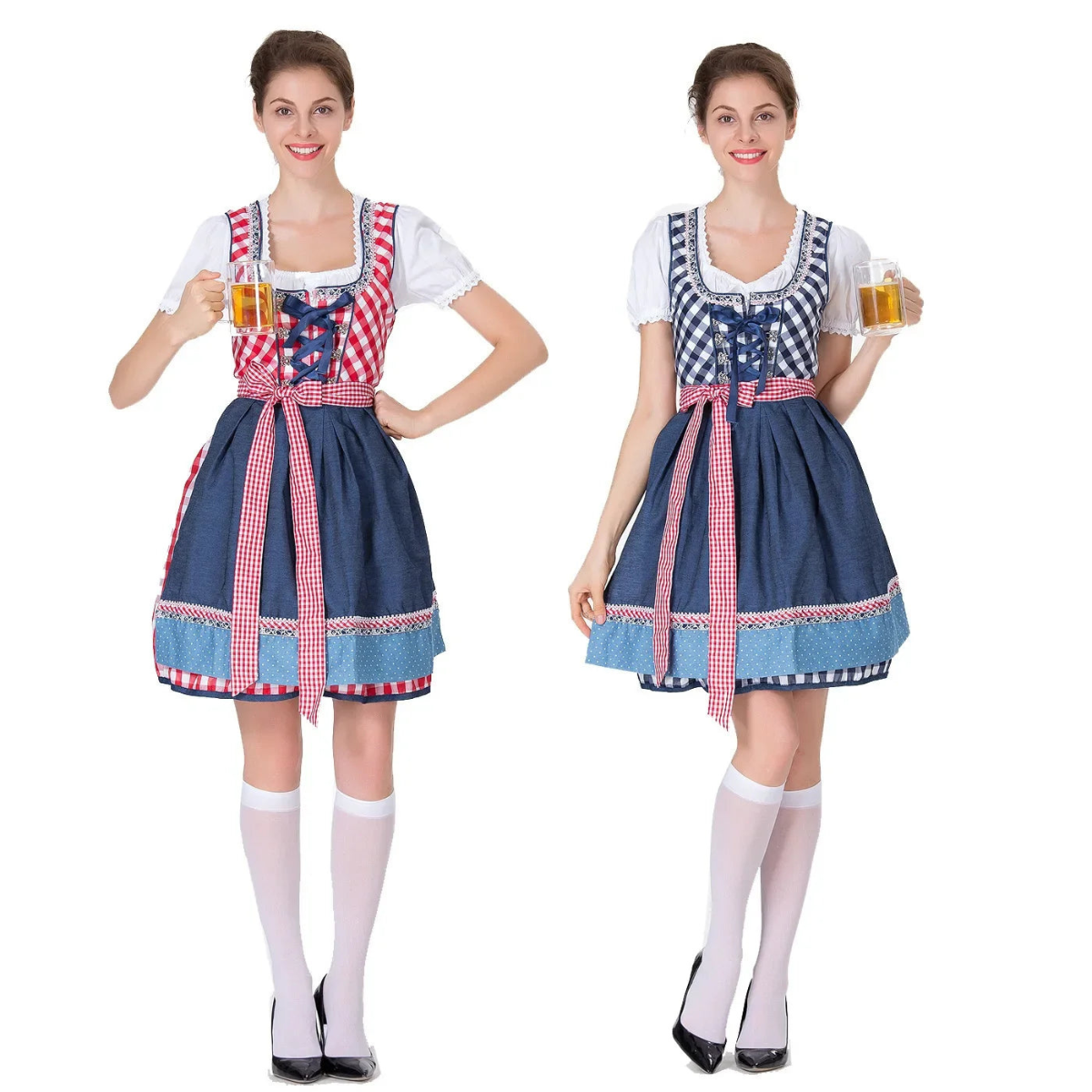 Dirndl Kleid für Damen mit Bluse und kariertem Schürze