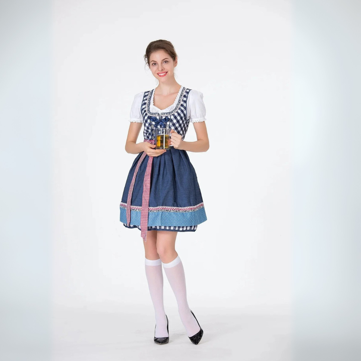 Dirndl Kleid für Damen mit Bluse und kariertem Schürze