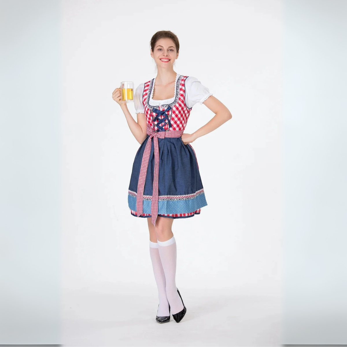 Dirndl Kleid für Damen mit Bluse und kariertem Schürze