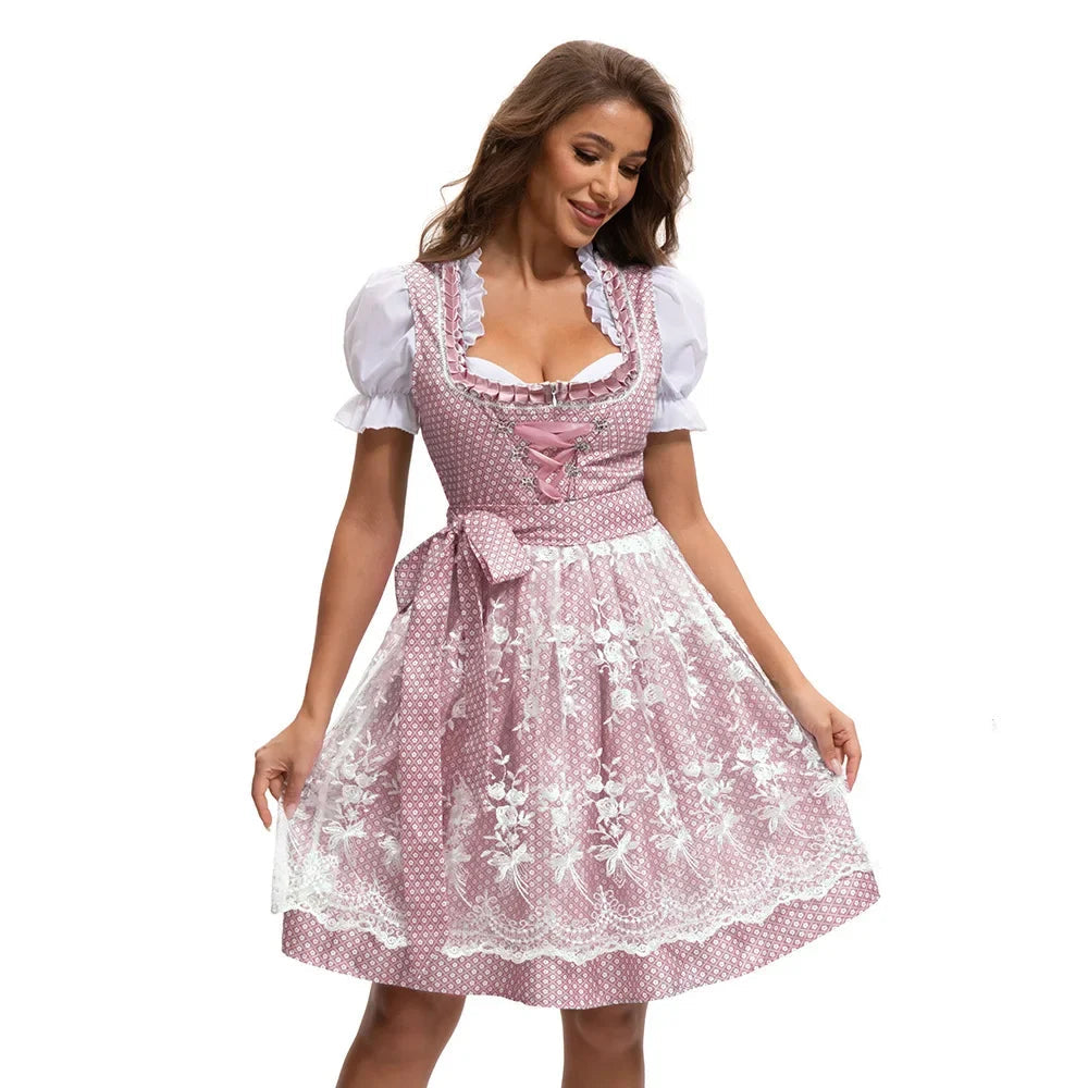 Dirndl Kleid für Damen mit quadratischem Ausschnitt und bestickter Schürze