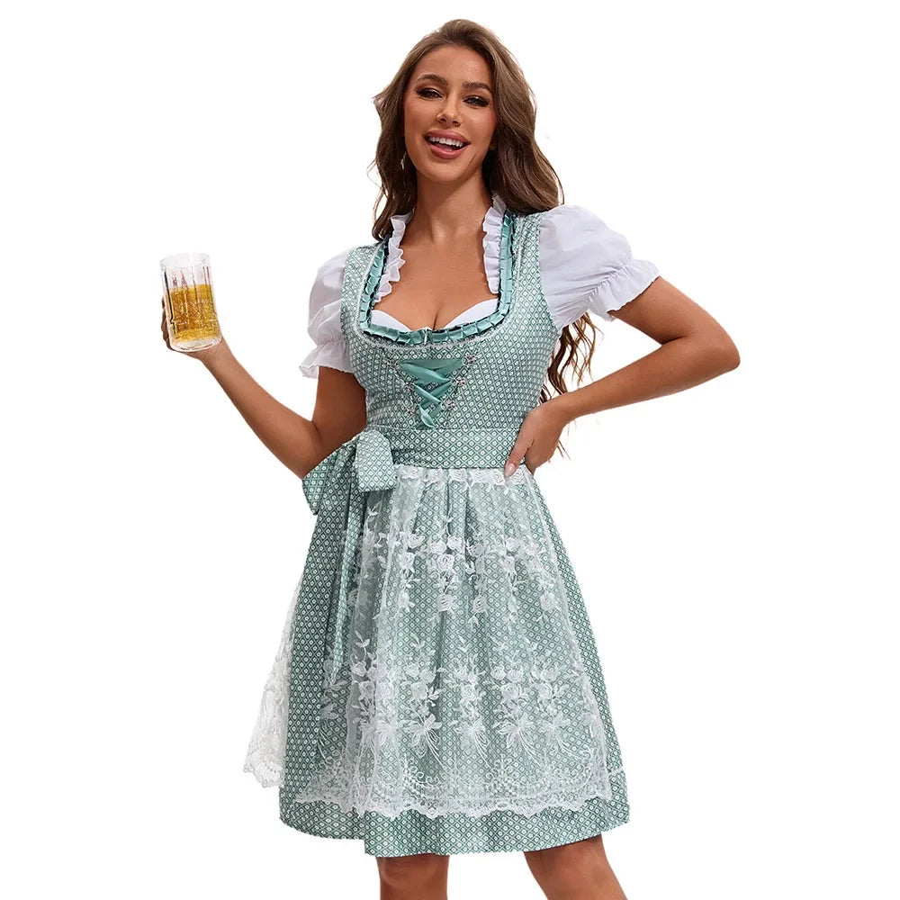 Dirndl Kleid für Damen mit quadratischem Ausschnitt und bestickter Schürze