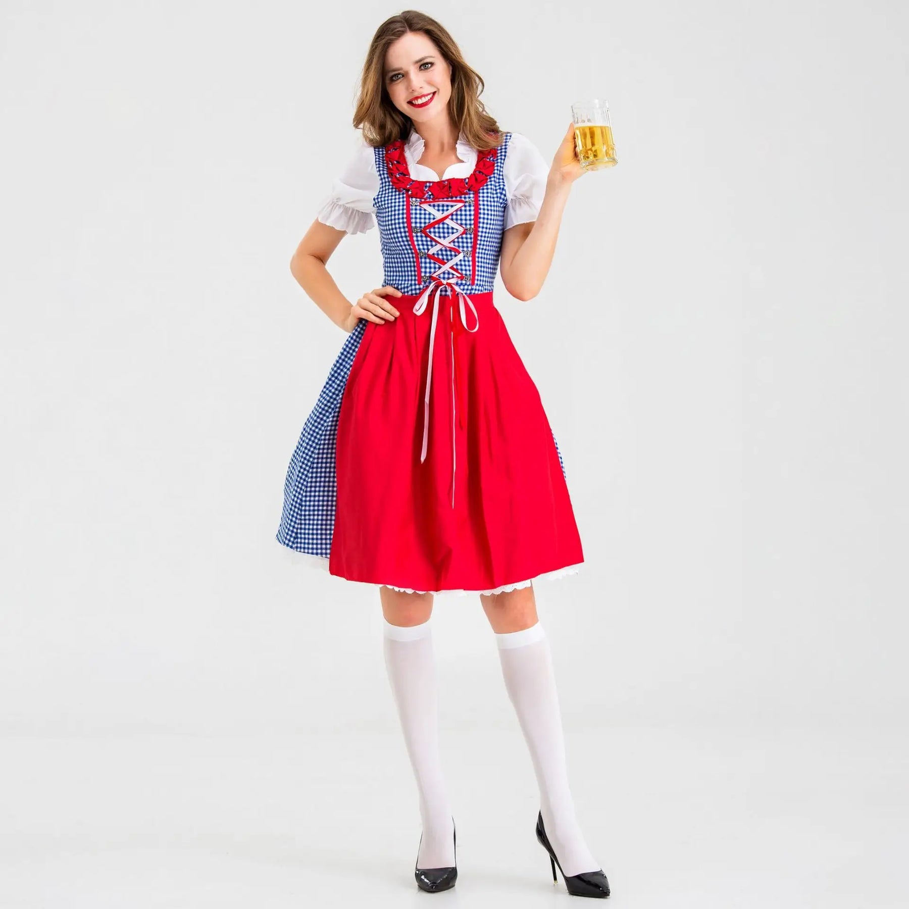 Dirndl Kleid für Damen mit quadratischem Ausschnitt und kontrastierender Schürze