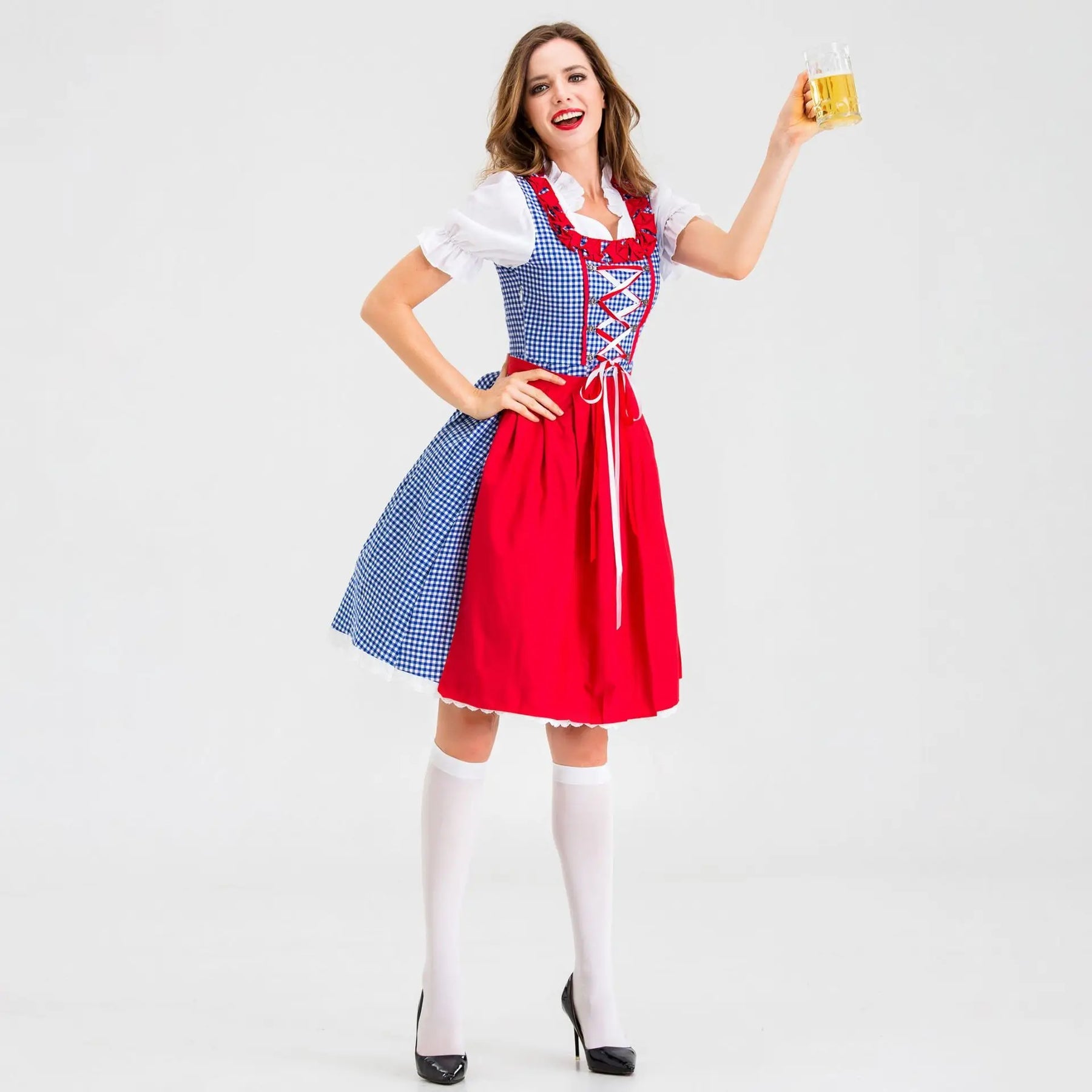 Dirndl Kleid für Damen mit quadratischem Ausschnitt und kontrastierender Schürze