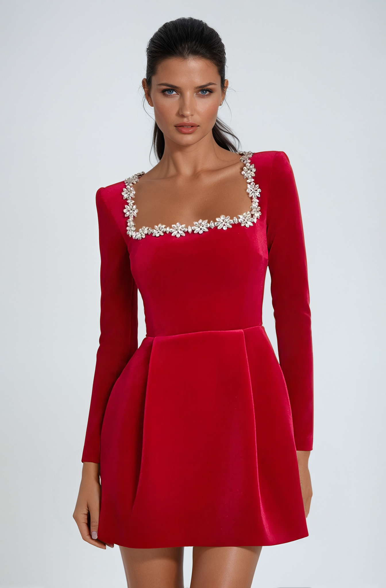 Langärmeliges Minikleid aus Samt für Damen mit quadratischem Ausschnitt