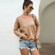 Frauen Strickpullover mit V-Ausschnitt und langen Ärmeln sowie luftiger Textur