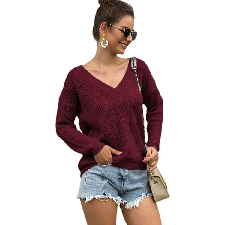 Frauen Strickpullover mit V-Ausschnitt und langen Ärmeln sowie luftiger Textur