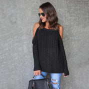 Frauen Strickpullover mit kalten Schultern gerippten Bündchen und Kabelstrickdesign
