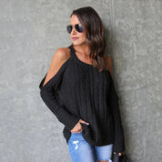 Frauen Strickpullover mit kalten Schultern gerippten Bündchen und Kabelstrickdesign