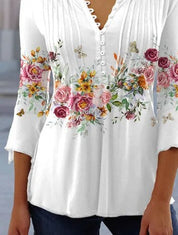Frauen Freizeit Button Down Blumenbluse mit V Ausschnitt und Dreiviertelärmeln