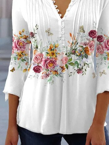 Frauen Freizeit Button Down Blumenbluse mit V Ausschnitt und Dreiviertelärmeln