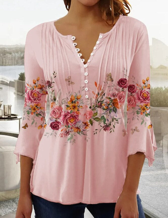 Frauen_Freizeit_Button_Down_Blumenbluse_mit_V_Ausschnitt_und_Dreiviertelarmeln__10.jpg