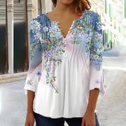 Frauen Freizeit Button Down Blumenbluse mit V Ausschnitt und Dreiviertelärmeln