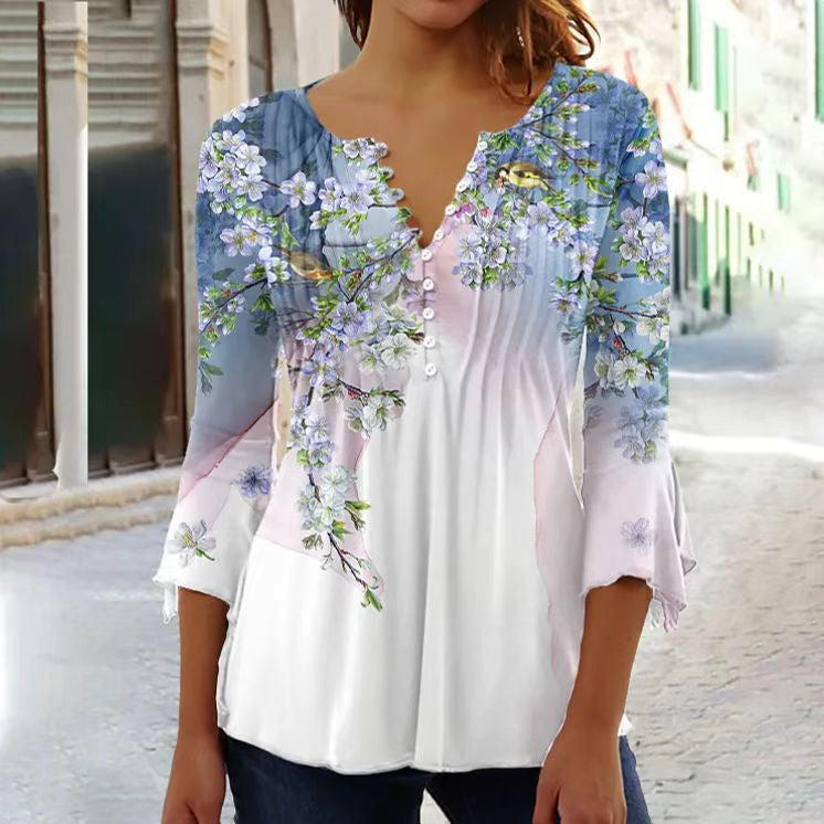 Frauen Freizeit Button Down Blumenbluse mit V Ausschnitt und Dreiviertelärmeln