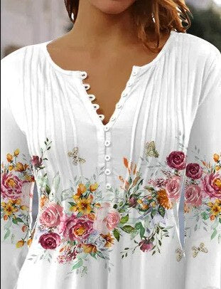 Frauen Freizeit Button Down Blumenbluse mit V Ausschnitt und Dreiviertelärmeln