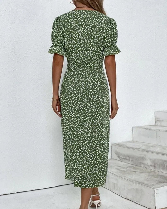 Frauen Blumen Kleid mit V-Ausschnitt und kurzen Ärmeln