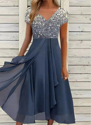 Frauen A Linien Abendkleid mit V Ausschnitt und kurzen Ärmeln