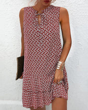 Frauen Freizeit ärmelloses Kleid mit Schlüsselloch Bindenausschnitt und Rüschensaum