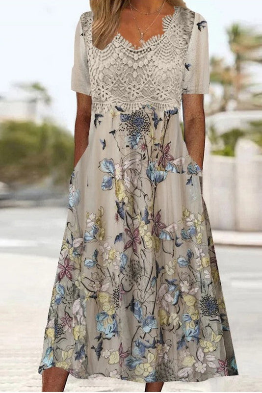 Frauen Maxi Kleid mit Häkel Bustier und Blumenmuster