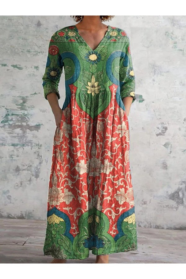 Frauen Maxi Kleid mit V Ausschnitt und Dreiviertelärmeln