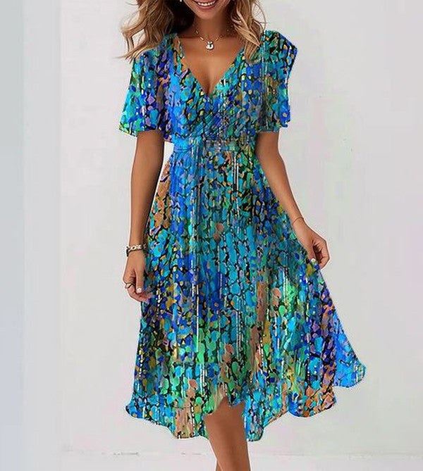 Frauen Midi Wickelkleid mit V Ausschnitt und kurzen Puffärmeln