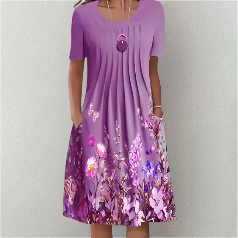 Frauen plissiertes A Linien Kleid mit rundem Ausschnitt und kurzen Ärmeln