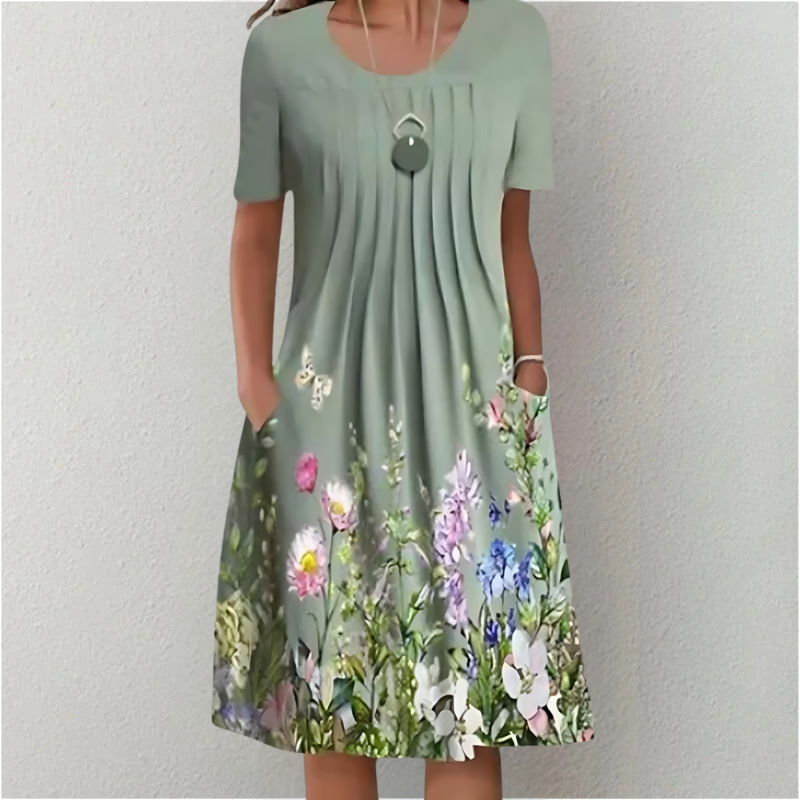 Frauen plissiertes A Linien Kleid mit rundem Ausschnitt und kurzen Ärmeln
