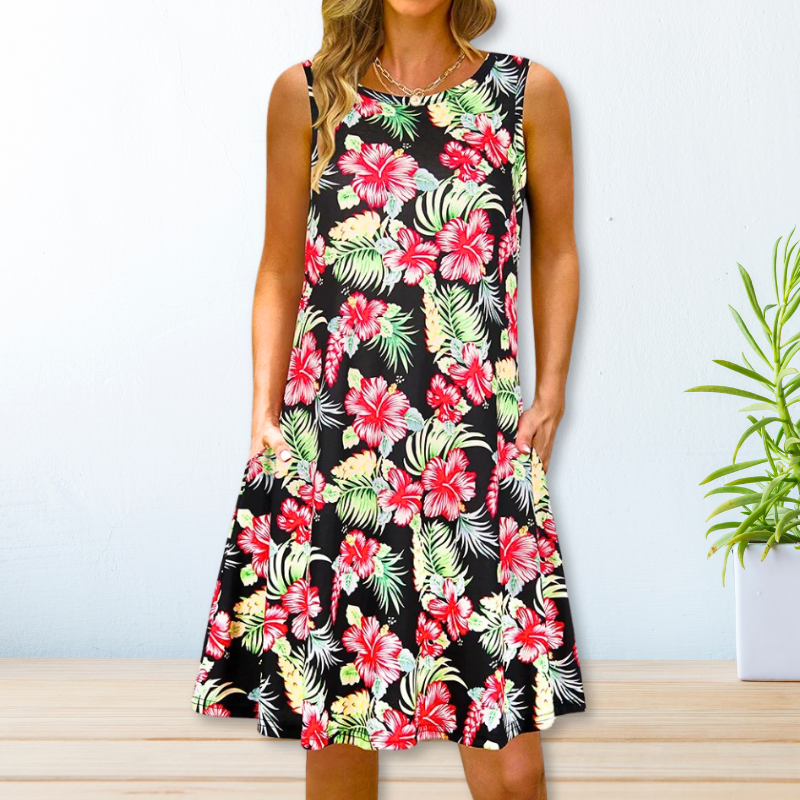 Frauen ärmelloses A-Linien Sommerkleid mit Taschen