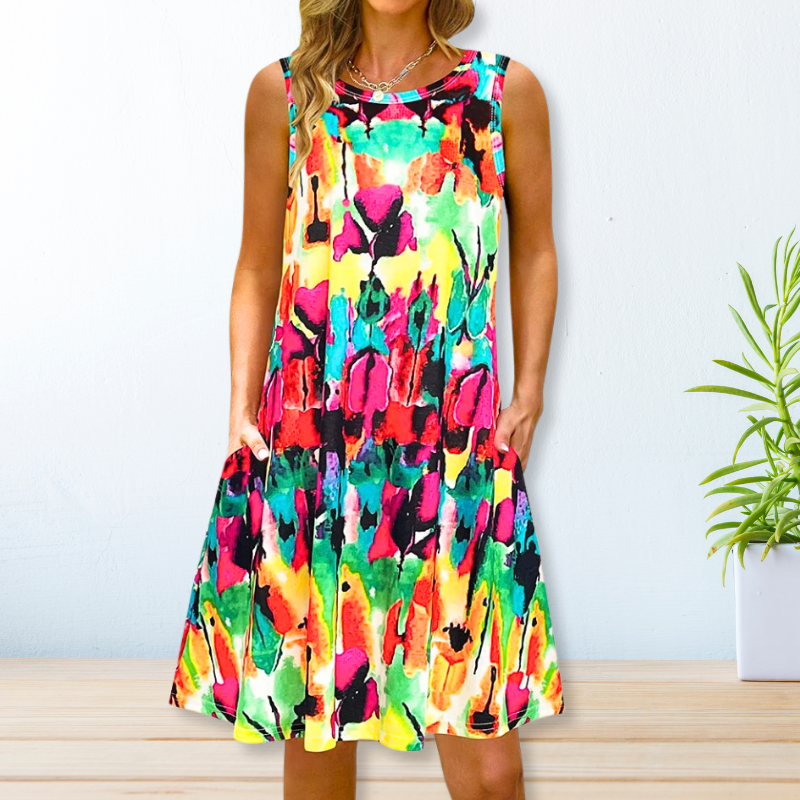 Frauen ärmelloses A-Linien Sommerkleid mit Taschen
