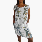 Freizeitkleid mit Blumendruck, kurzen Ärmeln und Taschen für Damen