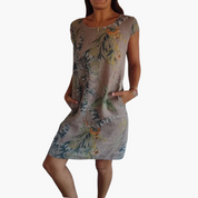 Freizeitkleid mit Blumendruck, kurzen Ärmeln und Taschen für Damen