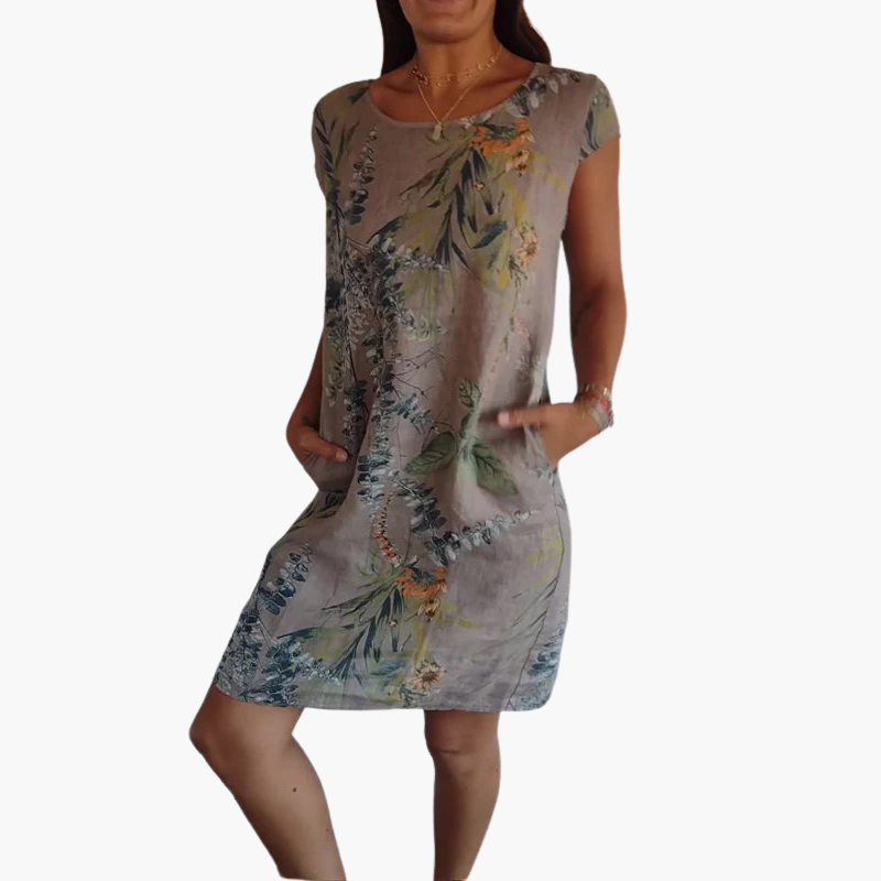 Freizeitkleid mit Blumendruck, kurzen Ärmeln und Taschen für Damen