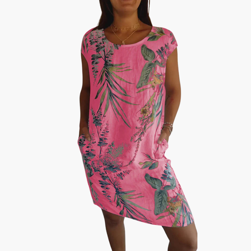 Freizeitkleid mit Blumendruck, kurzen Ärmeln und Taschen für Damen