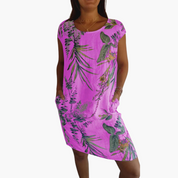 Freizeitkleid mit Blumendruck, kurzen Ärmeln und Taschen für Damen
