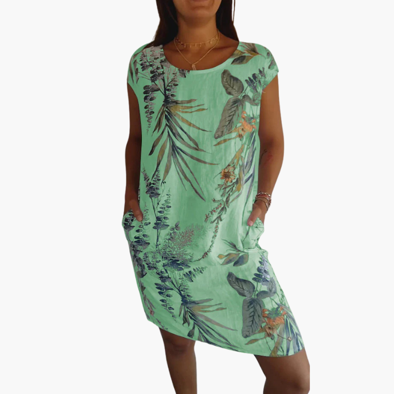 Freizeitkleid mit Blumendruck, kurzen Ärmeln und Taschen für Damen