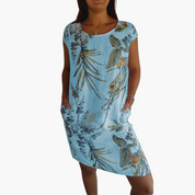 Freizeitkleid mit Blumendruck, kurzen Ärmeln und Taschen für Damen