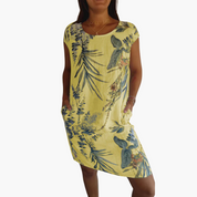Freizeitkleid mit Blumendruck, kurzen Ärmeln und Taschen für Damen