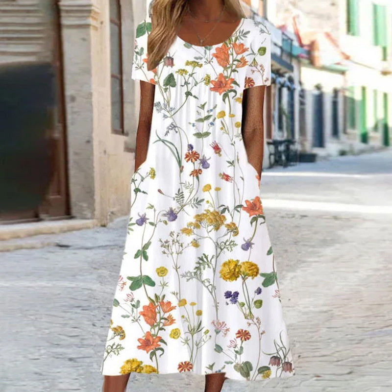 Geblümtes Maxikleid für Damen mit kurzen Ärmeln und Seitentaschen
