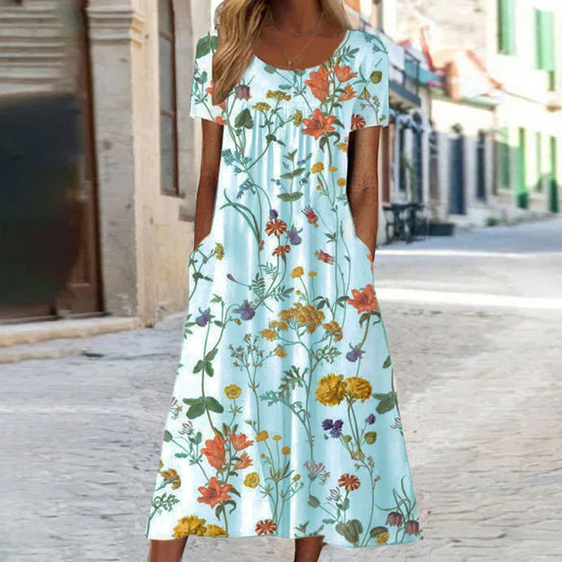 Geblümtes Maxikleid für Damen mit kurzen Ärmeln und Seitentaschen