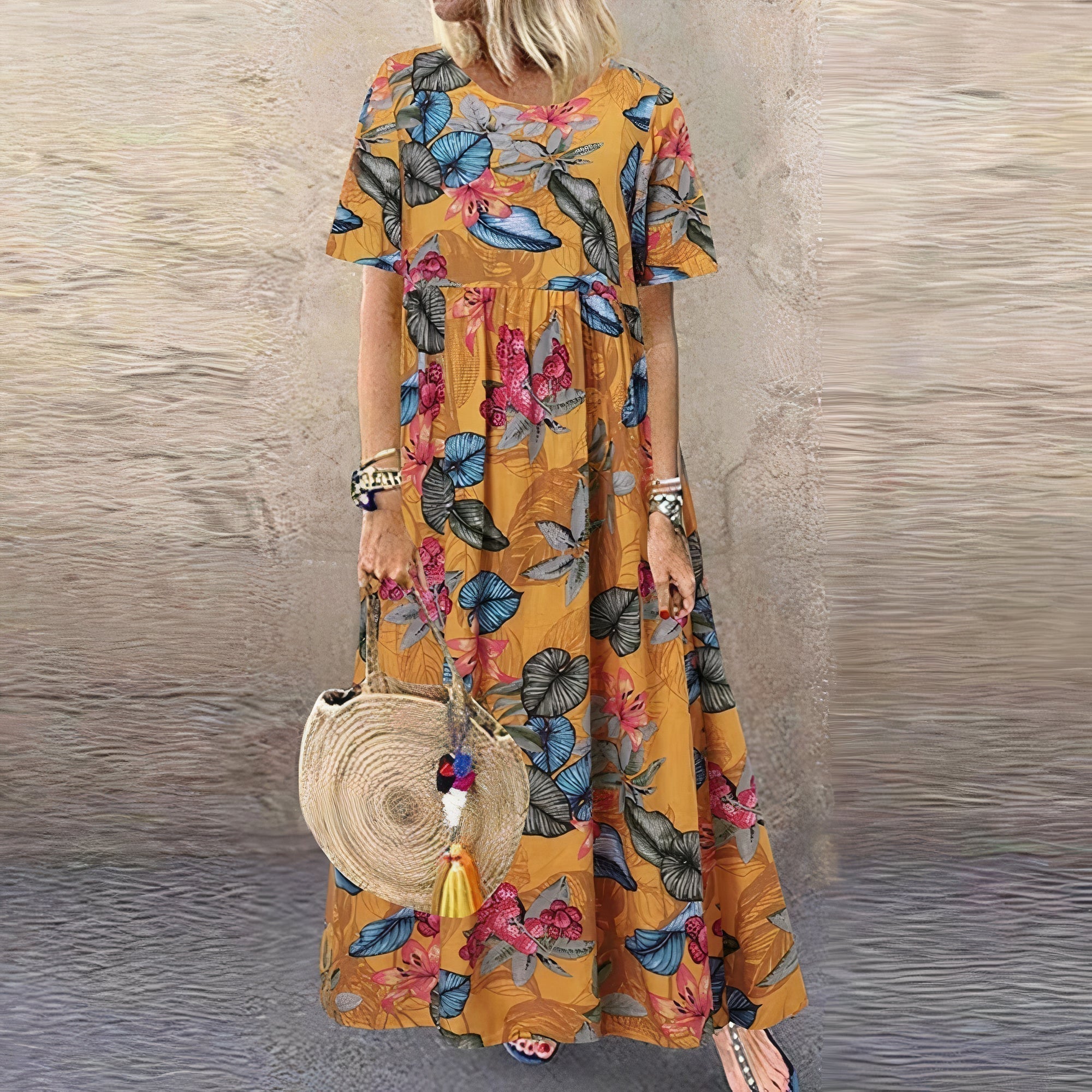 Geblümtes Maxikleid mit kurzen Ärmeln für Frauen