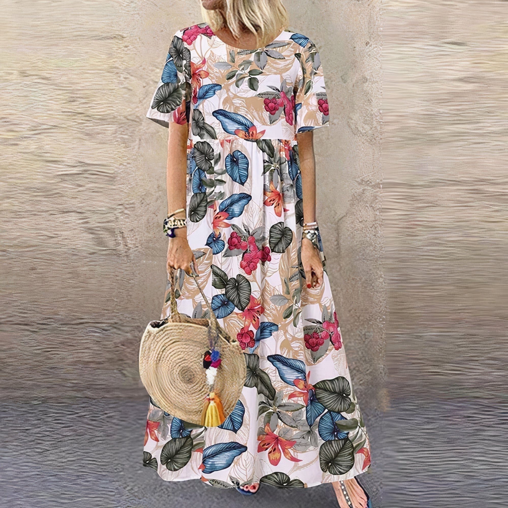 Geblümtes Maxikleid mit kurzen Ärmeln für Frauen