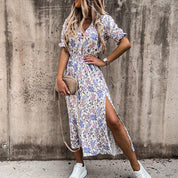 Geblümtes Midikleid für Damen mit kurzen Ärmeln und Schlitz