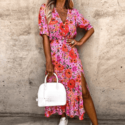 Geblümtes Midikleid für Damen mit kurzen Ärmeln und Schlitz