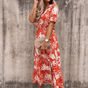 Geblümtes Midikleid für Damen mit kurzen Ärmeln und Schlitz