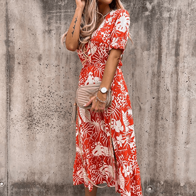 Geblümtes Midikleid für Damen mit kurzen Ärmeln und Schlitz