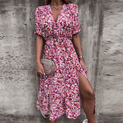 Geblümtes Midikleid für Damen mit kurzen Ärmeln und Schlitz
