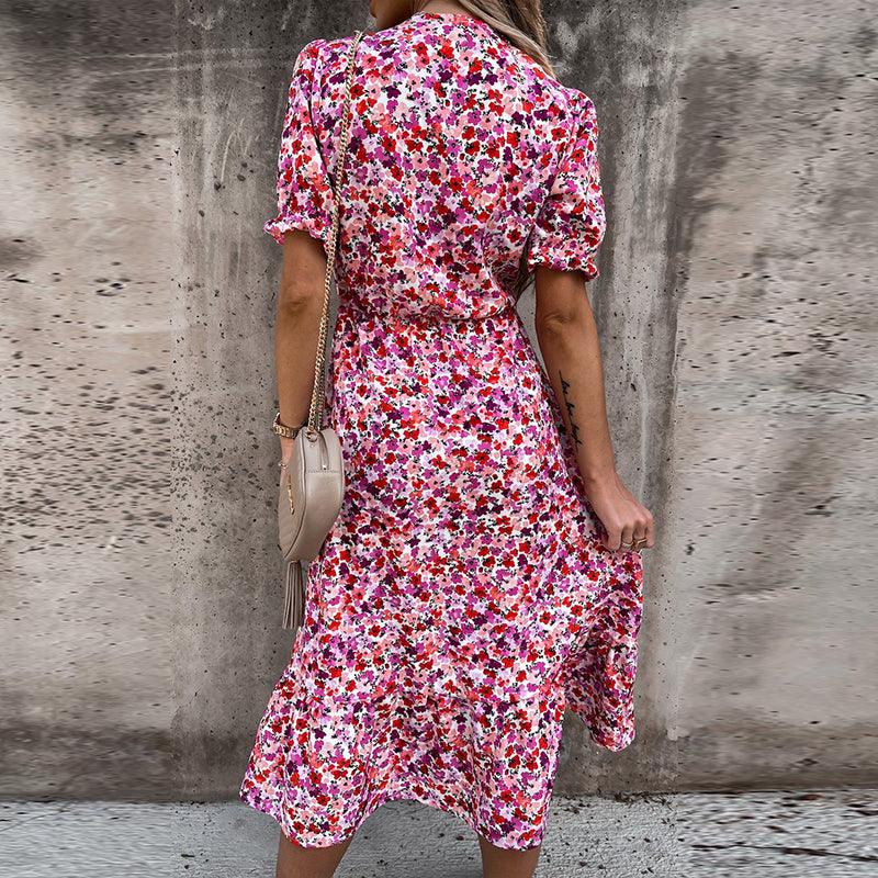 Geblümtes Midikleid für Damen mit kurzen Ärmeln und Schlitz