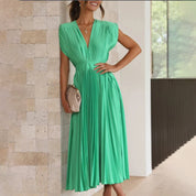 Plissiertes Chiffon-Midikleid für Damen mit tiefem V-Ausschnitt