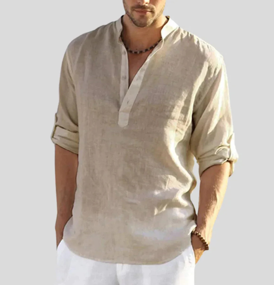 Men's linen shirt with collar and half button placket